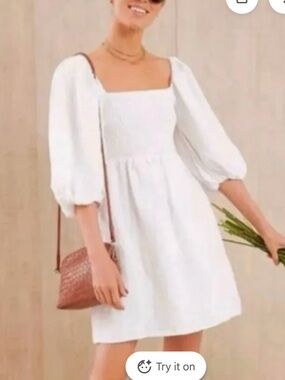TUCKERNUCK Annie Smocked Balloon Sleeve Linen White Short Mini Dress SIZE Small